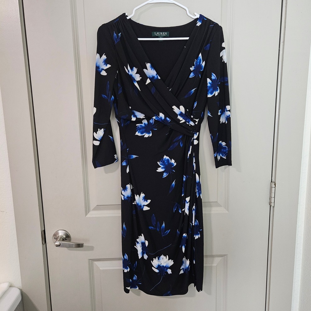 Lauren Ralph Lauren Black Blue Floral Faux Wrap Sheath Dress Size 6